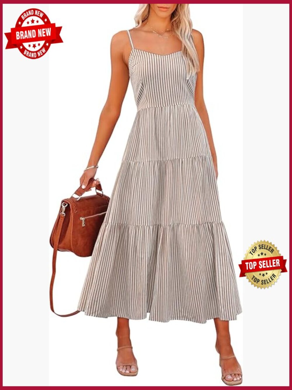 Sleeveless Flowy Midi Dress with Pockets Adjustable Straps Tiered Swing Beach